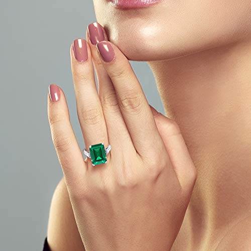 Gem Stone King 925 Sterling Silver Green Simulated Emerald Engagement Ring For Women (6.57 Cttw, Emerald Cut 14X10Mm, Available In Size 5, 6, 7, 8, 9) #TOP12