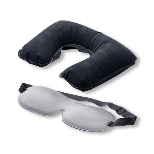 Fackelmann Juego de Dormir de Viaje de 2 Piezas – Almohada Cervical Hinchable y Antifaz para una máxima Comodidad y un Viaje Relajante