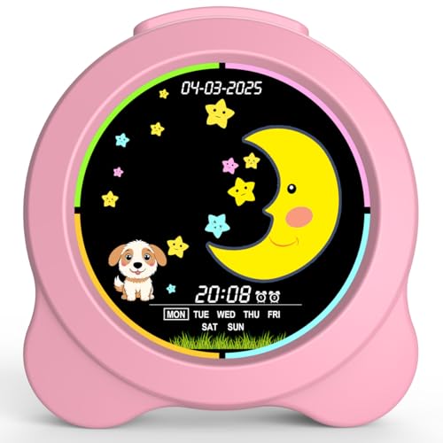 Sinoviwe Kids Alarm Clock Sun & Moon LED Display with Day & Date OK to Wake Clock with Night Light for Kids Children's Sleep Trainer Gift for Boy and Girls (Pink) - image 2