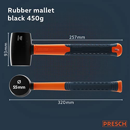 Presch Młotek gumowy czarny 450g - Młotek gumowy z trzonkiem z włókna szklanego | ⌀=55mm - Czarna guma naturalna do użytku na zewnątrz - Wytrzymały młotek z miękką powierzchnią