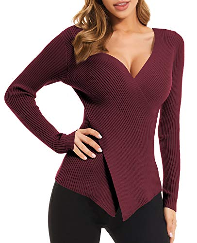QUALFORT Women Fall Tops 2025 Sexy V-Neck Sweater Knit Wrap Tops for Women Slim Fit Pullover4