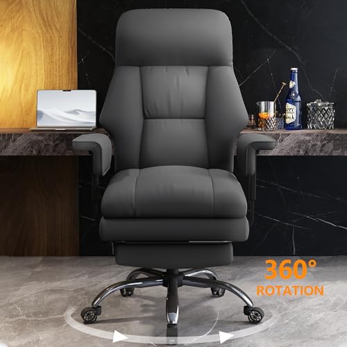 Image of Office Chair with Leg Rest, Leather High Back Executive Office Chair with Wheels, Ergonomic Desk Chairs with Lumbar Support for Home Office, Gray