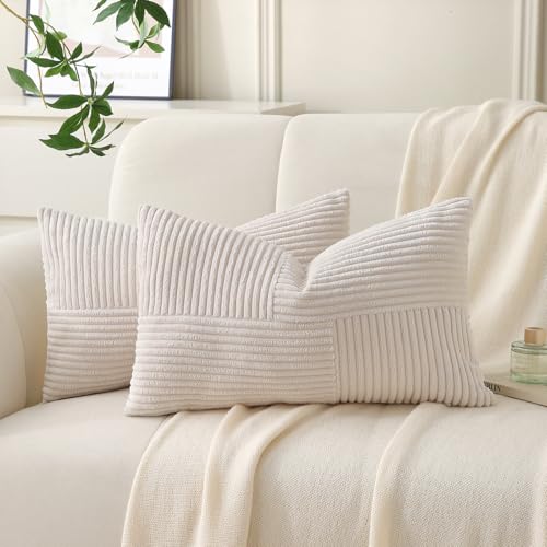 Yosodeko Fundas de cojín beige de 35 x 60 cm de terciopelo acanalado paquete de 2 modernas fundas decorativas para cojines con motivo de patchwork para sofá y dormitorio