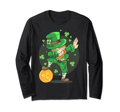 Ripple Coin Leprechaun Dabbing, Funny St Patrick Day Crypto Manche Longue