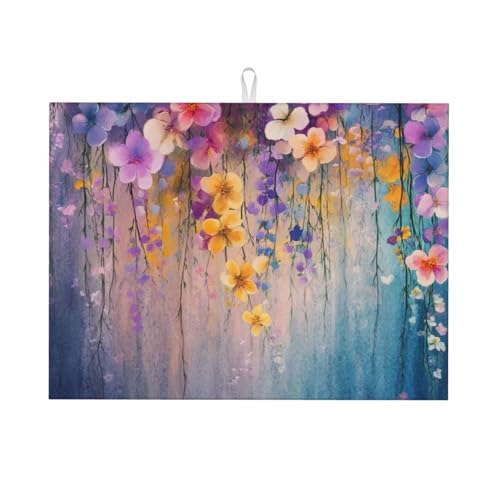 Boltpack Alfombrilla de secado de platos con estampado de flores coloridas de 46 x 61 cm para encimera de cocina, tapete escurridor de platos de microfibra absorbente