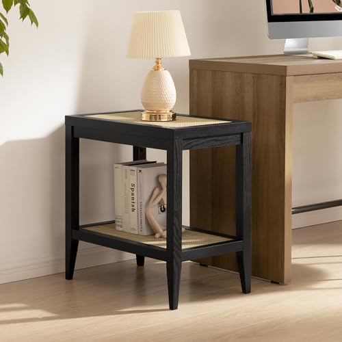 Image of SICOTAS Rattan End Table with Storage, Living Room Table Bedside Table | Farmhouse Boho Night Stand with Open Shelves, Side Table for Bedroom, Living Room, Small Spaces