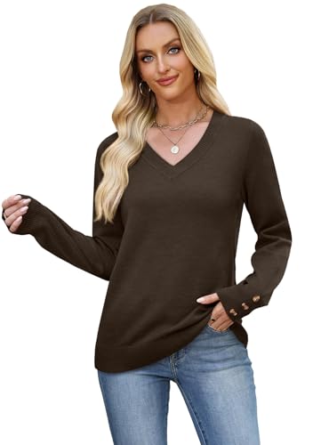 Image of WIHOLL Lightweight Sweaters for Women Long Sleeve V Neck Knit Outfits with Decorative Buttons