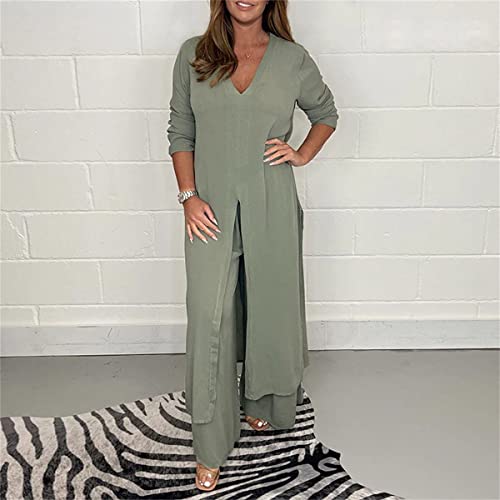 ORSKA Casual Two Pieces Suit with Long Top & Matching Trouser,Women\'s 2 Piece Outfits Slit Hem Longline Blouse and Wide Leg Pants Set (Green,XL)