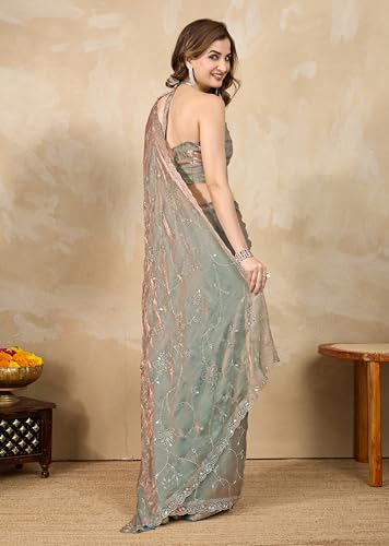 Image of TRENDMALLS Women's Satin Siroski With Mirror Work Saree with Unstitch Blouse Piece (K1158-SteelGreen)