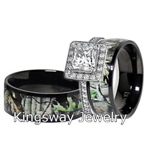 His & Her Black Titanium Camo Sterling Silver Halo Engagement Wedding Ring Set2