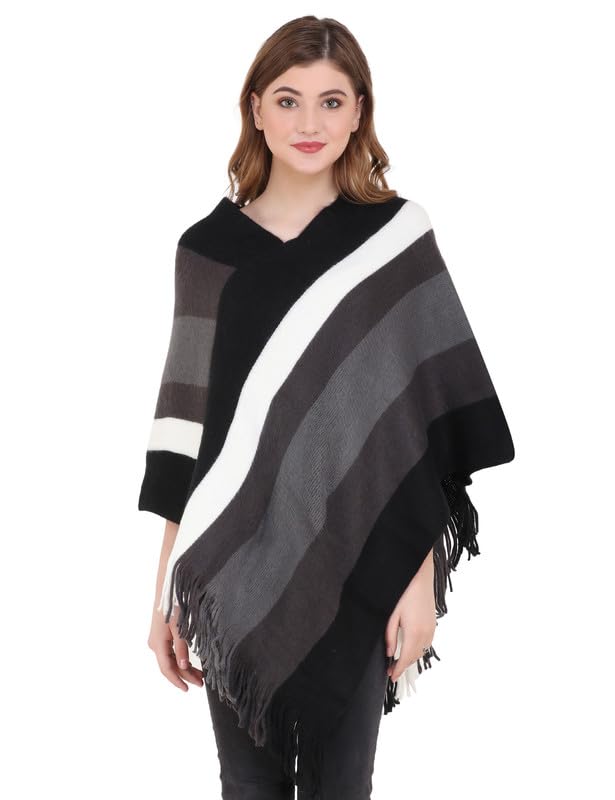 MANRA Women’s Elegant Knitted Poncho Top with Stripe Patterns and Fringed Sides for Winter (SC 09)-picture-29