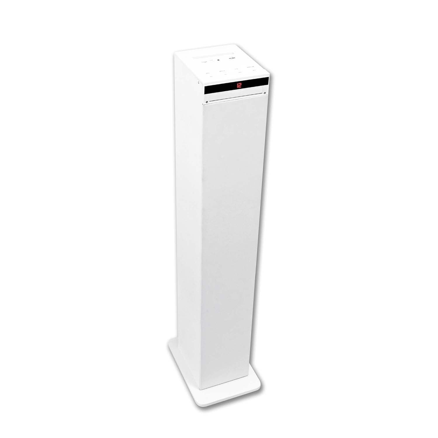 gef-roy Enceinte Colonne Blanche avec Lecteur CD, Bluetooth, FM et USB, 60W, télécommande, Jeu de lumière OVNI LED