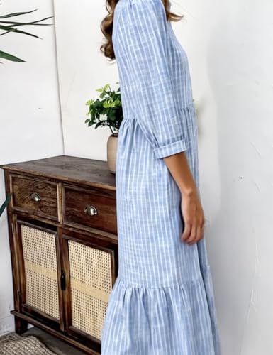 XNC Women's Blue and White Striped Shirt Maxi Dress 2025 Summer Fashion Collared Breezy Print 3/4 Sleeve Long Dresses3
