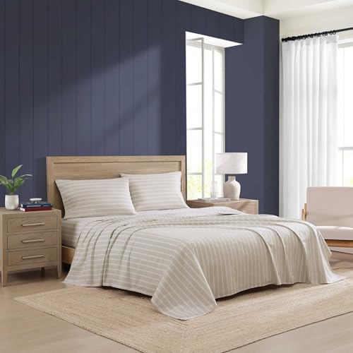 Image of Tommy Hilfiger - Queen Bed Sheets, Crisp & Cool Cotton Percale Bedding with Matching Pillowcases, Lightweight Bed Set, Oeko-Tex Certified (Effortless Stripe Beige)