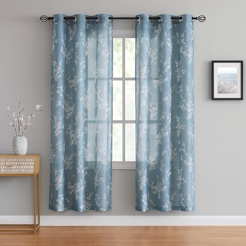 Image of BFAM Sheer Curtain with Floral Print, Premium Printed Sheer Drapes, Eyelet /Grommet Curtain for Living Room, Bedroom, Light Filtering Curtains, Blue Floral 11 Feet,Pack of 1 Curtain
