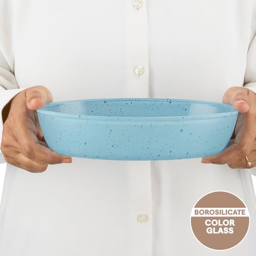 Image of Borosil 700 ml Baking & Serving Oval Shape Dish | Borosilicate Glass Bakeware and Serveware Tray | Microwave, Oven & Dishwasher Safe Bowl | Transparent Container (Blue)