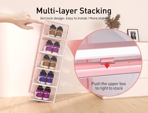 Image of Kuject X-Large Shoe Storage Boxes Organizers Clear Plastic Stackable 12 Pack, Shoe Rack & Holder Substitute, Sneaker Containers, Toy Storage Organizer Bins for Entryway, Closet, Under Bed, Pink