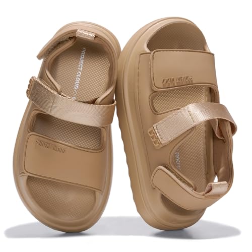 Project Cloud Sandals for Girls - Lightweight Adjustable Straps Kids Sandals - Water-Resistant Girls Slides and Non-Slip Slides for Kids (Little Goldie BEIGE 2K)