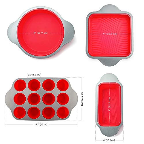 Set of 13 Silicone Baking Molds, Pans and Utensils by Boxiki Kitchen. Includes Silicone Cake Pan, Brownie Pan, Loaf Pan, Muffin Mold, 2 Spatulas, Brush and 6 Measuring Spoons.