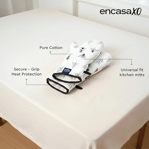 Image of Encasa XO Extra Long 18x35 cm Microwave Oven Gloves Mitts (2 pcs) for Kitchen Cooking - Black Arrow - Heat Resistant, Thick & Safe, Protection of Hands from Hot Utensils, Gas Flame, Grill, Barbecue