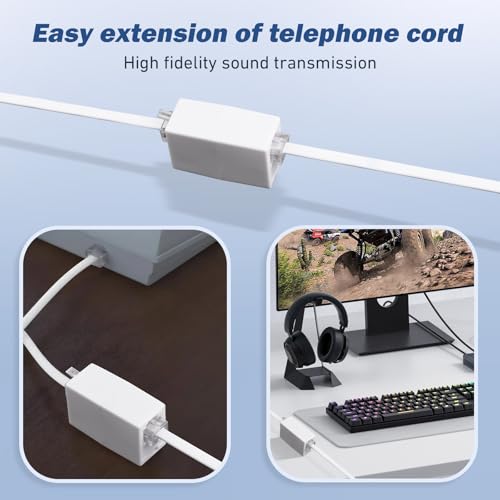 Image of moeverEX Phone Extension Cord 25 Ft, Telephone Cable with Standard RJ11 Plug and 1 in-Line Couplers and 20 Cable Clip Holders, White (Pack of 2)