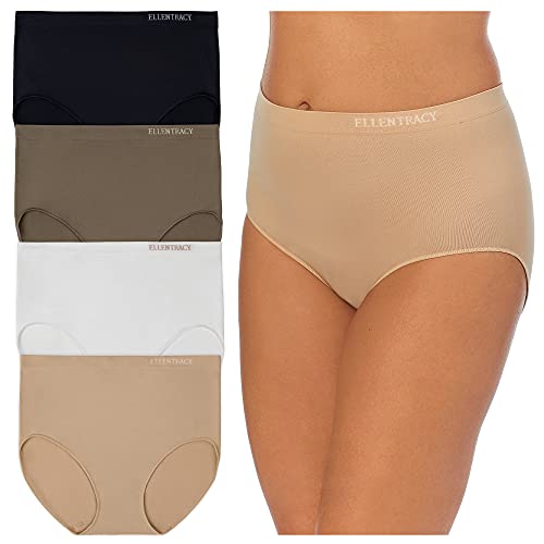 COMPANY ELLEN TRACY Womens Seamless Underwear - No Show Full Coverage - Stretchy Full Brief Panties for Everyday Wear - 4-Pack Mocha/Black Pack 2X