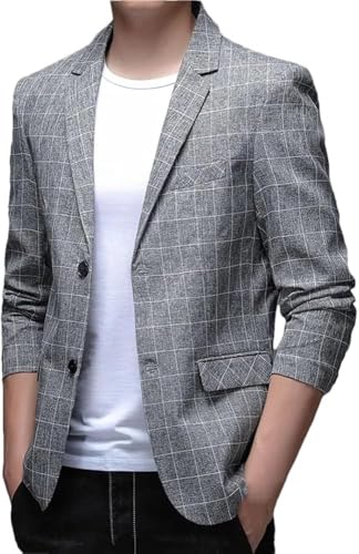 Men's Slim-Fit Plaid Business Casual Jacket Two Button Formal Suit Coat Formal Four Seasons