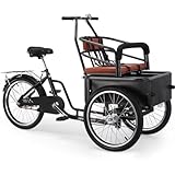 ZOCWJK Rickshaw Tricycle with Pedals,Tricycle with Front seat,Passenger seat with guardrail and Belt,Cruiser Trike with Cargo Cabin,3 Wheels Bicycle with Training Wheels (black-20inch