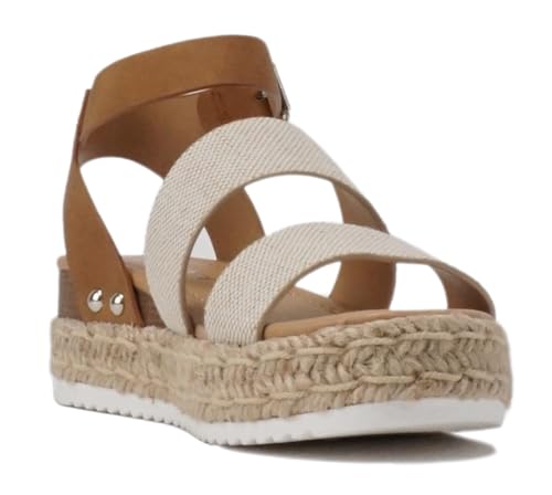 Image of Soda BRYCE-2 Kids /Children /Girls Open Toe Two Bands Espadrille Jute Platform Wedge Casual Fashion Flatform Sandals with Buckle Ankle Strap