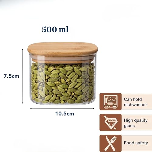 Image of Airtight Square Glass Storage Jar with Bamboo Lid, 500ml Multipurpose Kitchen Container for Coffee, Tea, Sugar, Masala, Spices & Dry Fruits | Modern Transparent Pantry Organizer (Pack of 2)