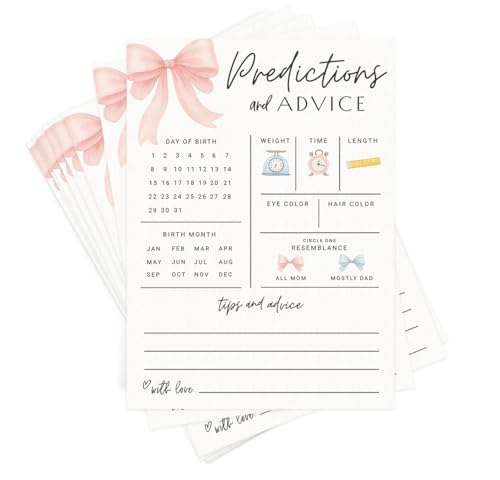 Printed Party Baby Predictions & Advice Cards Pink Bow Design Fun Baby Shower Game for Guests Gender Reveal Activity for Girl 30 Pack