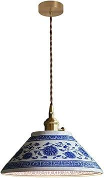 Blue and White Ceramic Classic Chandelier Pendant Light Farmhouse Vintage Metal Pendant Light Ceramic E26 Hanging Light 1-Lights Hotel Cafe Pendant Lighting for Kitchen Island Bedroom