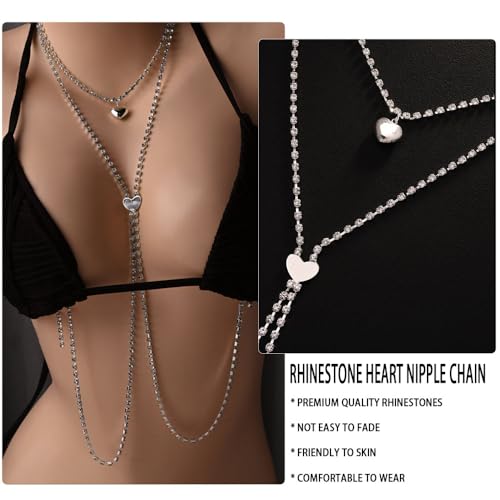 Sutiã de corrente de colar de strass para mulheres, arnês de biquíni, corrente de mamilo, coração de