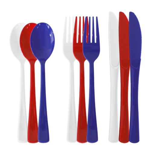 135 Pack Plastic Silverware Disposable Cutlery Set Heavy Duty Utensil Sets 45 Forks 45 Knives 45 Spoons for Brithday Wedding Home School Party Picnics Restaurant Outdoor Events (Red White Blue)