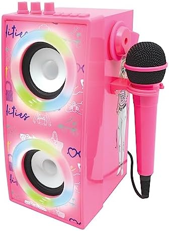 Lexibook Mattel Barbie - przenośny głośnik Bluetooth z mikrofonem, karaoke, efekty świetlne, bezprzewodowy, USB, karta SD, akumulator, różowy, BTP180BBZ