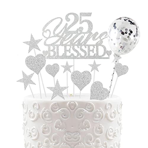 Decoración de Tarta de Cumpleaños 25 Años, 25 Years Blessed Plata Topper de la Torta, Decoración para tarta con Purpurina de Globo de Corazón y Estrella para Mujeres Hombres Aniversario de Bodas Cover