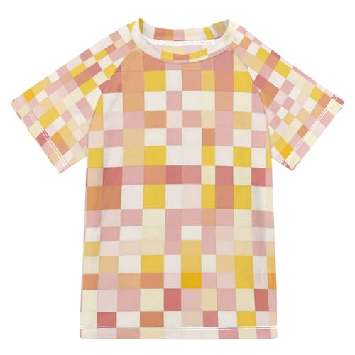 Bathing Suit Girls Short Sleeve Girls Rash Guard Top 5T Squares Yellow Rose Gold