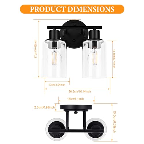 Image of 2-Light Bathroom Vanity Light Fixture Black Two Bulb Vanity Bathroom Lights Over Mirror, 2-Light Black Wall Sconce Over Sink