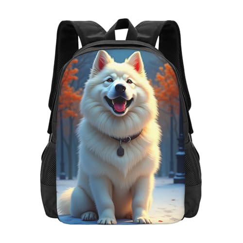 A White Dog is Standing in The Snow with Its Mouth Open Comfort Fit Unisex Backpack Padded Straps for Long - Haul Carrying Work & Travel Use