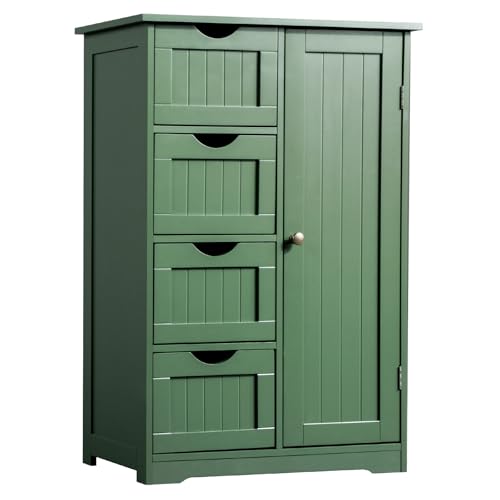 Image of Vasitelan Bathroom Wooden Floor Cabinet, Side Storage Organizer with 4 Drawers and 1 Cupboard, Freestanding Entryway Storage Unit Console Table,22 inch W x 11.8 inch D x 31.5 inch H (Green)