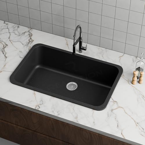 Image of REMOTION Granite Quartz Singke Bowl Kitchen SInk | Matte Finish Kitchen Sink With Drain Board and Drainer Basket | Modern Sink for Kitchen (31 x 19 x 9 Inch) (Black)