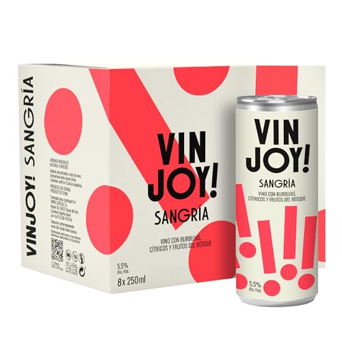 VINJOY! - Sangría 8 Latas x 25 cl, Vino con Burbujas, Cítricos y Frutos del Bosque, Sangría Premium, Aromas Afrutados y Frescos, Vino Tinto con Zumo de Frutas, Sangría en Lata, Ligera y Brillante
