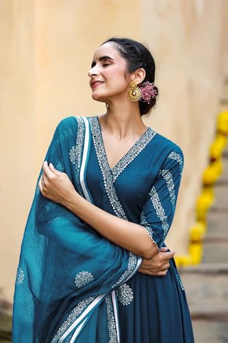 Image of GoSriKi Women's Cotton Blend Printed Anarkali Kurta with Pant & Dupatta | Ethnic Wear for Women | Indian Casual Office Daily Summer Outfit