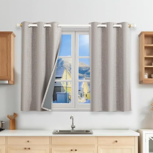Runyéla 100% Verdunklungsvorhänge Leinen Gardinen mit Ösen, Thermovorhang | 2er Set, H120xB90 Grauweiß, Leinenoptik Vorhang Blickdicht, UV-Schutz Wärmeisolierend Schallschutz Schla