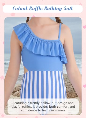 Image of Alakuoti Girls One Piece Swimsuits Cutout Ruffle Bathing Suit Quick Dry Beach Swimwear with Adjustable Strap 5-14 Years