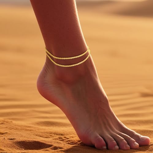Image of DEARMAY Gold Ankle Bracelets for Women Waterproof, Non Tarnish 14K Gold Plated Beaded Link Chain Anklets, Layered Summer Beach Jewelry Gifts, Dainty Bikini Outfits for Vacation