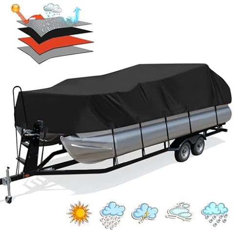 Solim Trailerable 1200D PU Heavy Duty Pontoon Boat Cover, 22-24ft Waterproof Marine Grade Oxford UV Resistant Polyester Canvas Cover, Boat Cover for Pontoon with Adjustable 18 Tie Down Straps, Black Cover