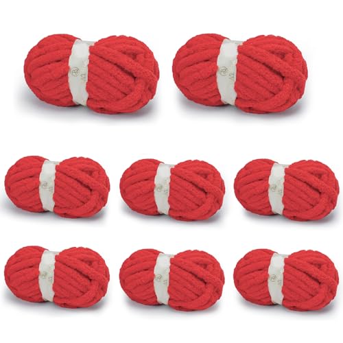 Chunky Yarn for Hand Knitting, Chunky Chenille Blanket Yarn for Crocheting, Bulky Soft Fluffy Chenille for Blanket Project, 8 Pack of 8oz/25yds, Red