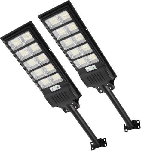 500W Farola Solar Exterior con Mando a Distancia 2 PACK, 6500K Farolas Solares con Sensor de Movimiento, 900 LEDs Farola Solar IP66 Impermeable Lampara Solar Potente, Farola Exterior para Patio Jardín