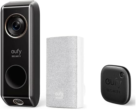 جرس باب فيديو أمني eufy سلكي S330 مع رنين من Anker SmartTrack Link أسود، عبوة واحدة، كاميرا مزدوجة، واقي توصيل، كاميرا أمان